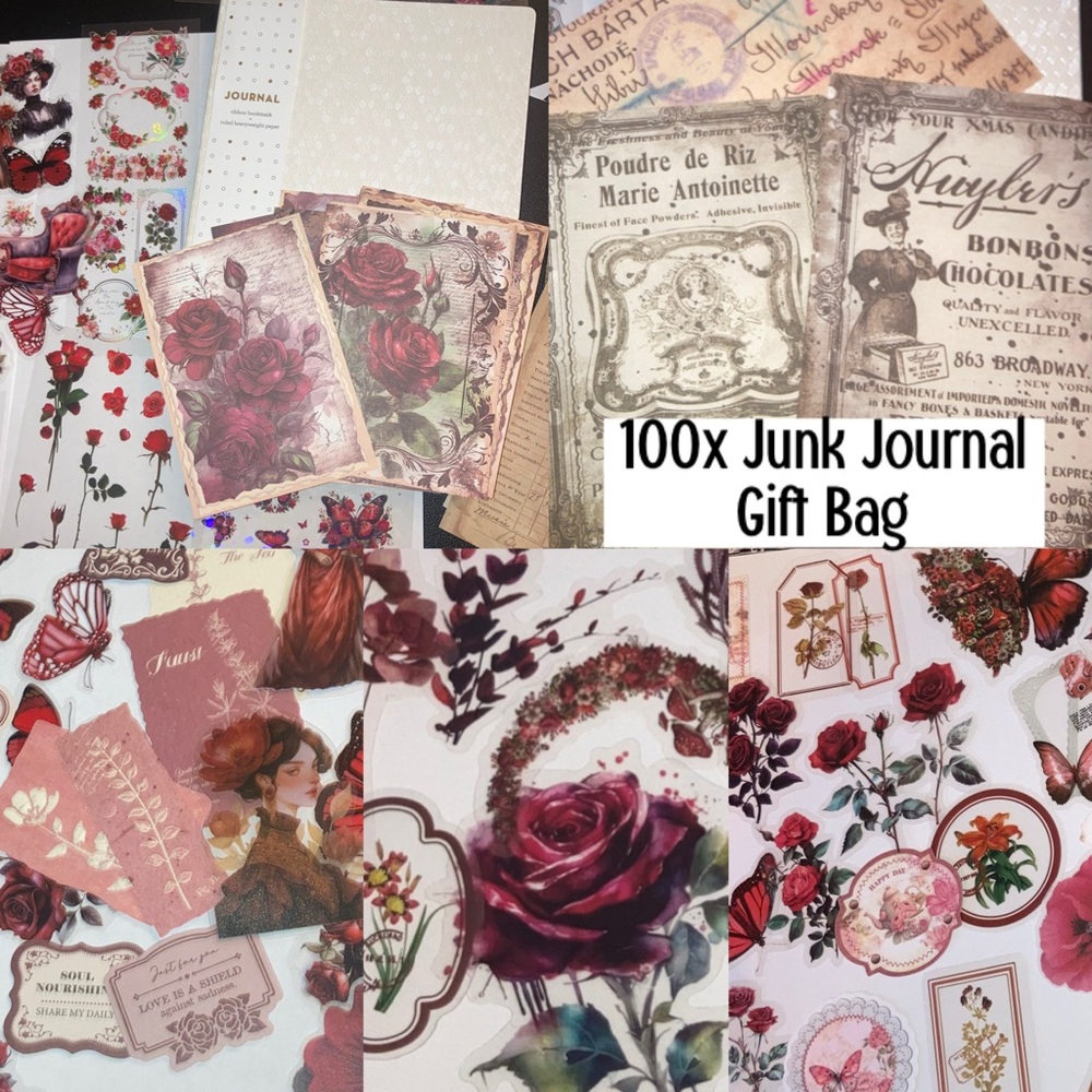 100x Red Theme Junk Journal Gift Bag Ephemera Vintage Rose Materials Scrapbook